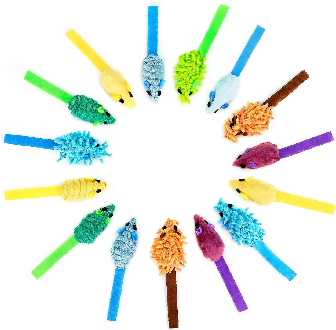 CHIWAVA 27PCS 2" Striped Shaggy Cat Toy Mice with Rattle Assorted
