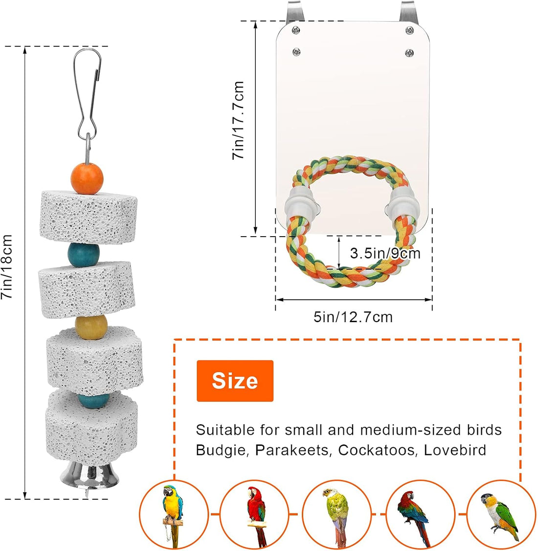 7" Bird Mirror for Cage, Parakeet Cockatiel Parrot Mirror with Rope