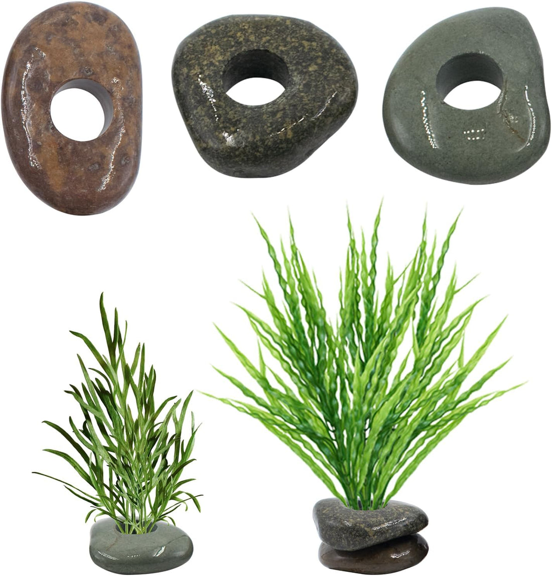6 Pcs Natural River Stone Plant Weights for Fish Tank, 0.79 Inch Hole