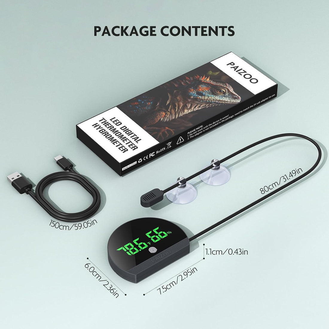 PAIZOO LED Rechargeable Reptile Thermometer Hygrometer Always-on