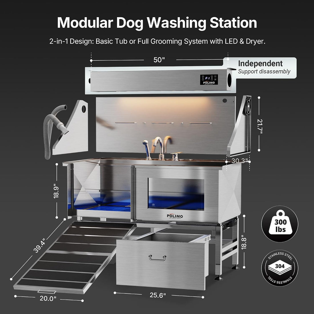 POLIMO Dog Washing Station with Built-in Pet Dryer and LED Display 50"