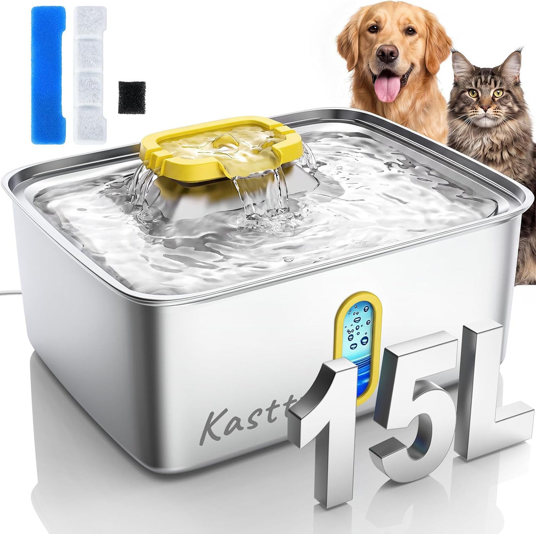 Kastty 4Gal/15L Stainless Steel Dog Water Fountain for Large Multi-Pet