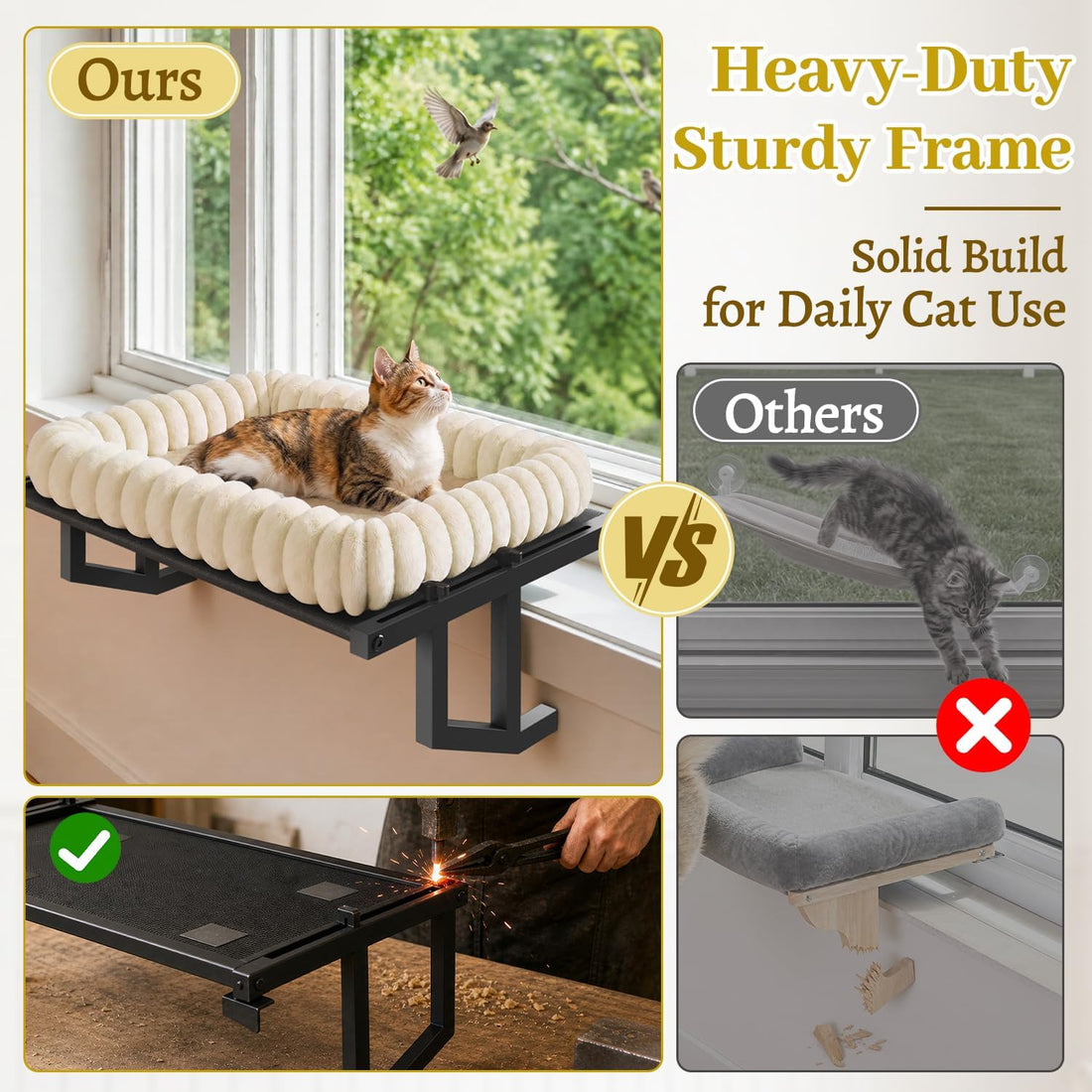 Cat Window Perch Hammock Seat Bed for Cats Inside, Metal, Beige