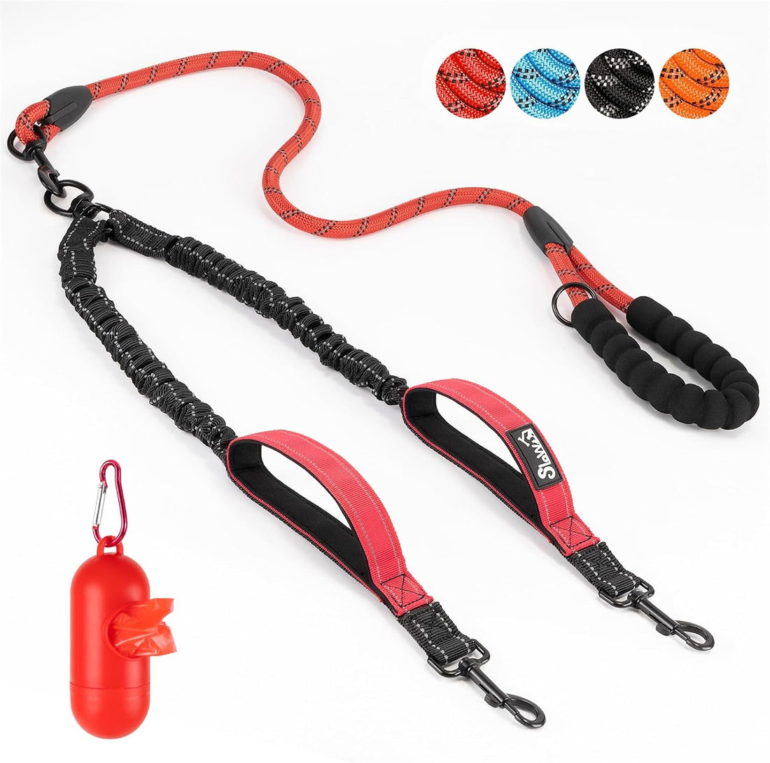SlowTon Double Leash for Two Dogs, No Tangle & with Two Handles, Red L