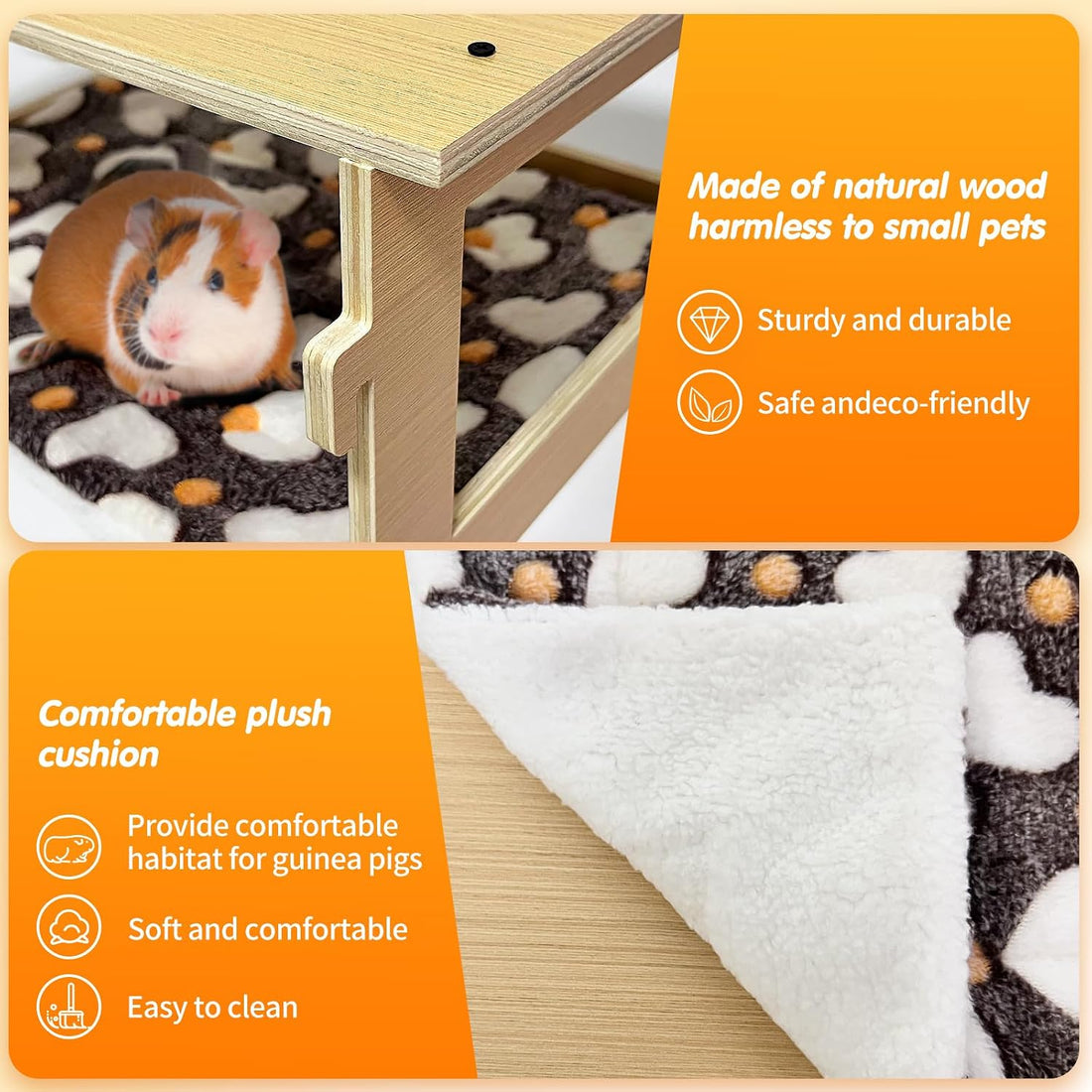 Guinea Pig Hideout，Natural Wood Removable Guinea Pig Bed