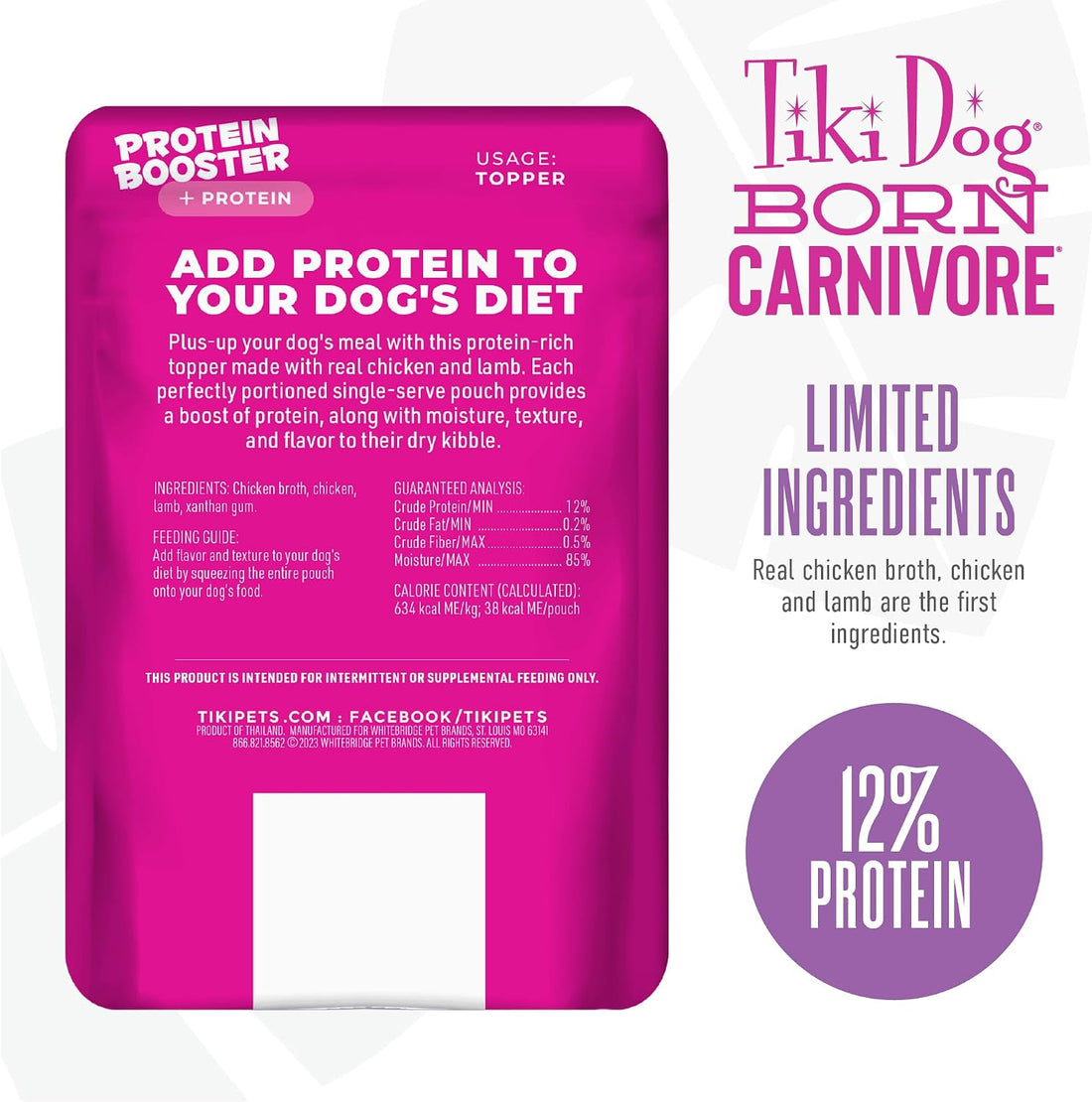 Tiki Dog Protein Booster Dog Food Topper, Chicken & Lamb, 2.1oz, 12ct