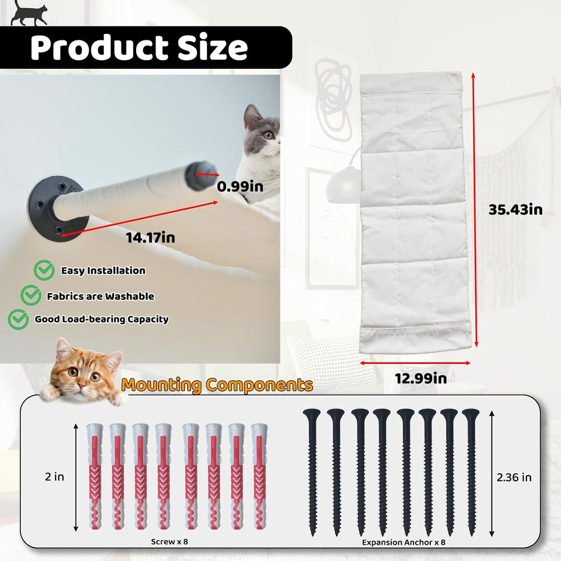 Cat Hammock Wall Mounted, Wall Mounted Cat Shelves, 35.43 x 12.99 in