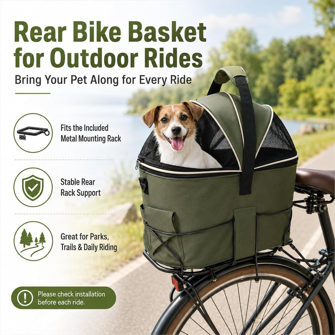 Dog Bike Basket Rear Seat, 3-in-1 Pet Bike Carrier for Small Dogs