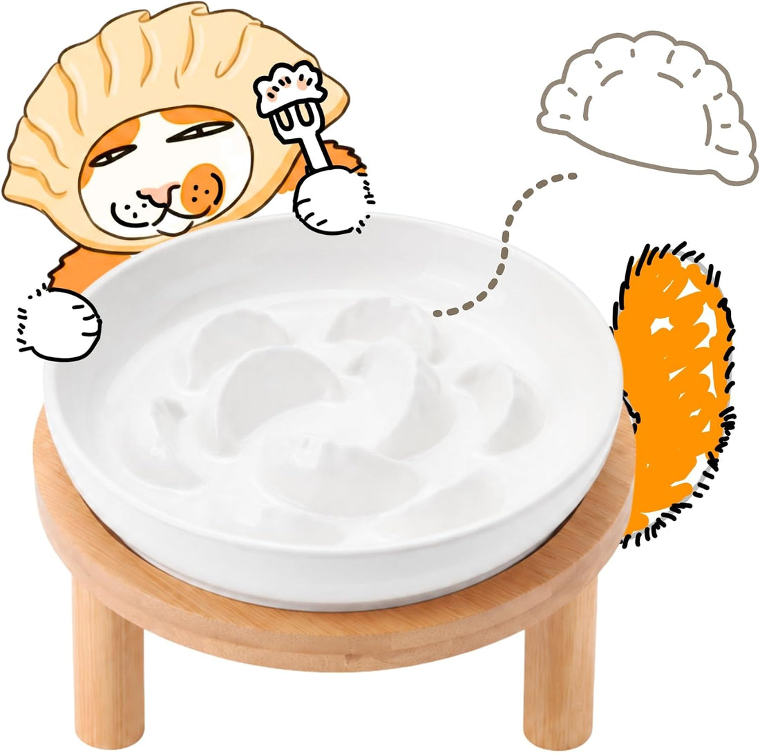 2 Pack Elevated Ceramic Cat Bowls with Bamboo Stand for Cat Bowl
