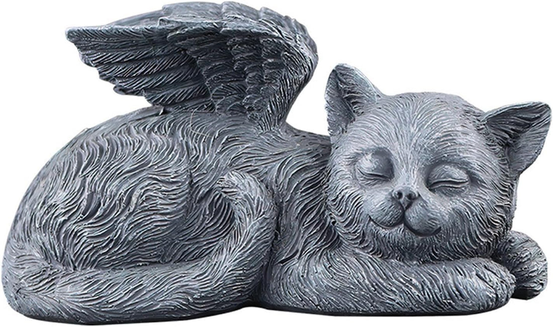 Sleeping Angel Cat Memorial Statue, Resin Figurine with Wings