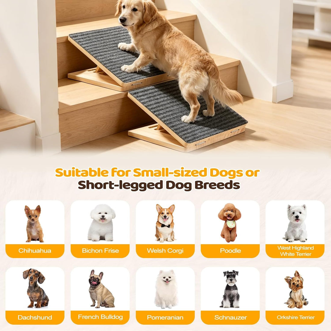 2Pcs Dog Ramp for Stairs, Adjustable Foldable Ramp for Small Dogs