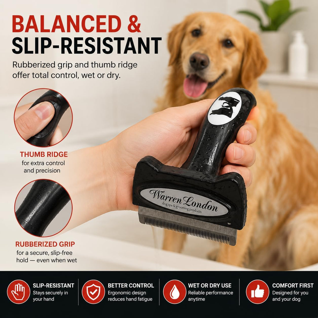 Warren London Deshedding Brush for Medium Dogs, Short Hair