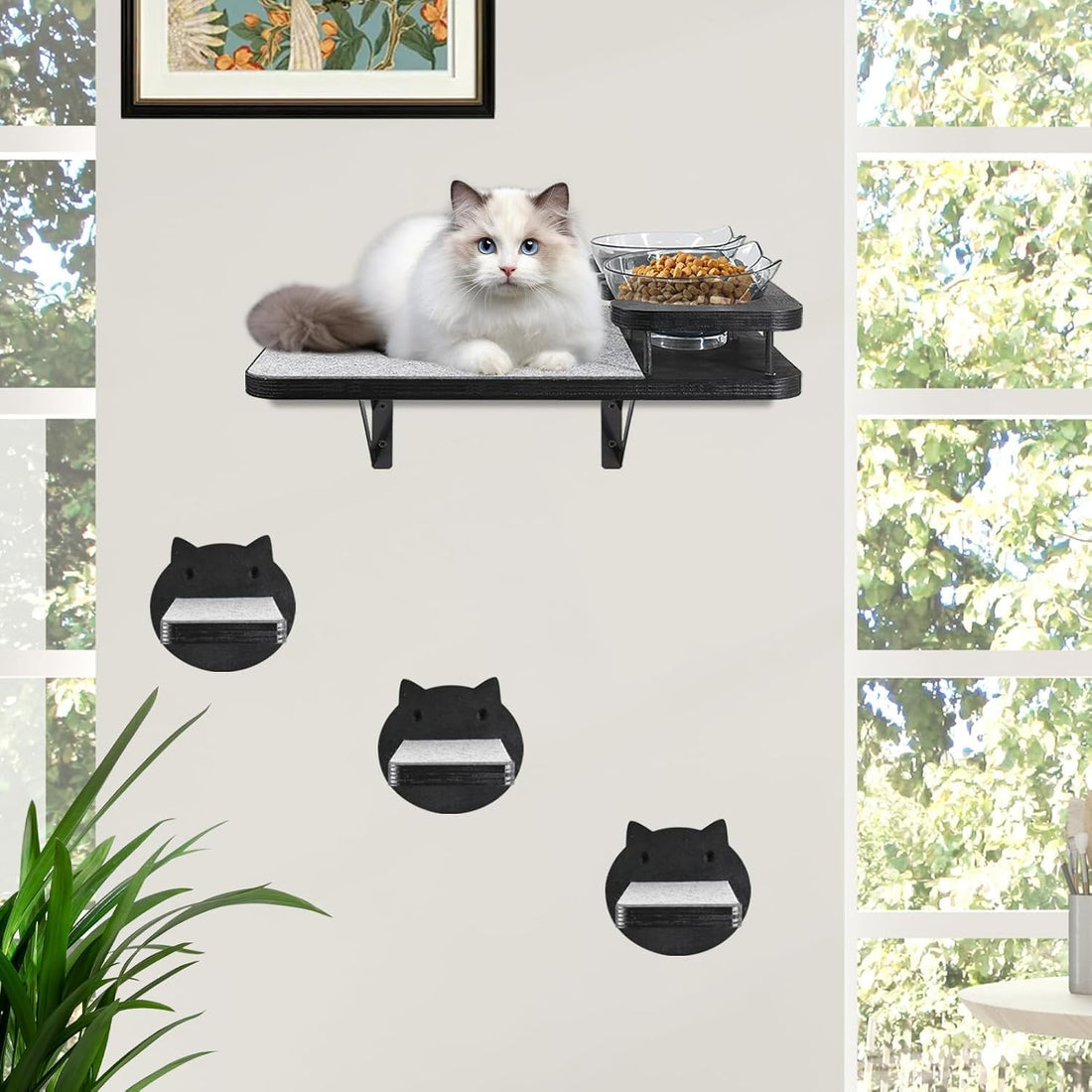 Cat Wall Shelves Furniture Set with 2 Food Bowls