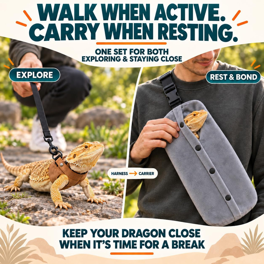 Bearded Dragon Leash & Harness Set with Travel Carrier Sling