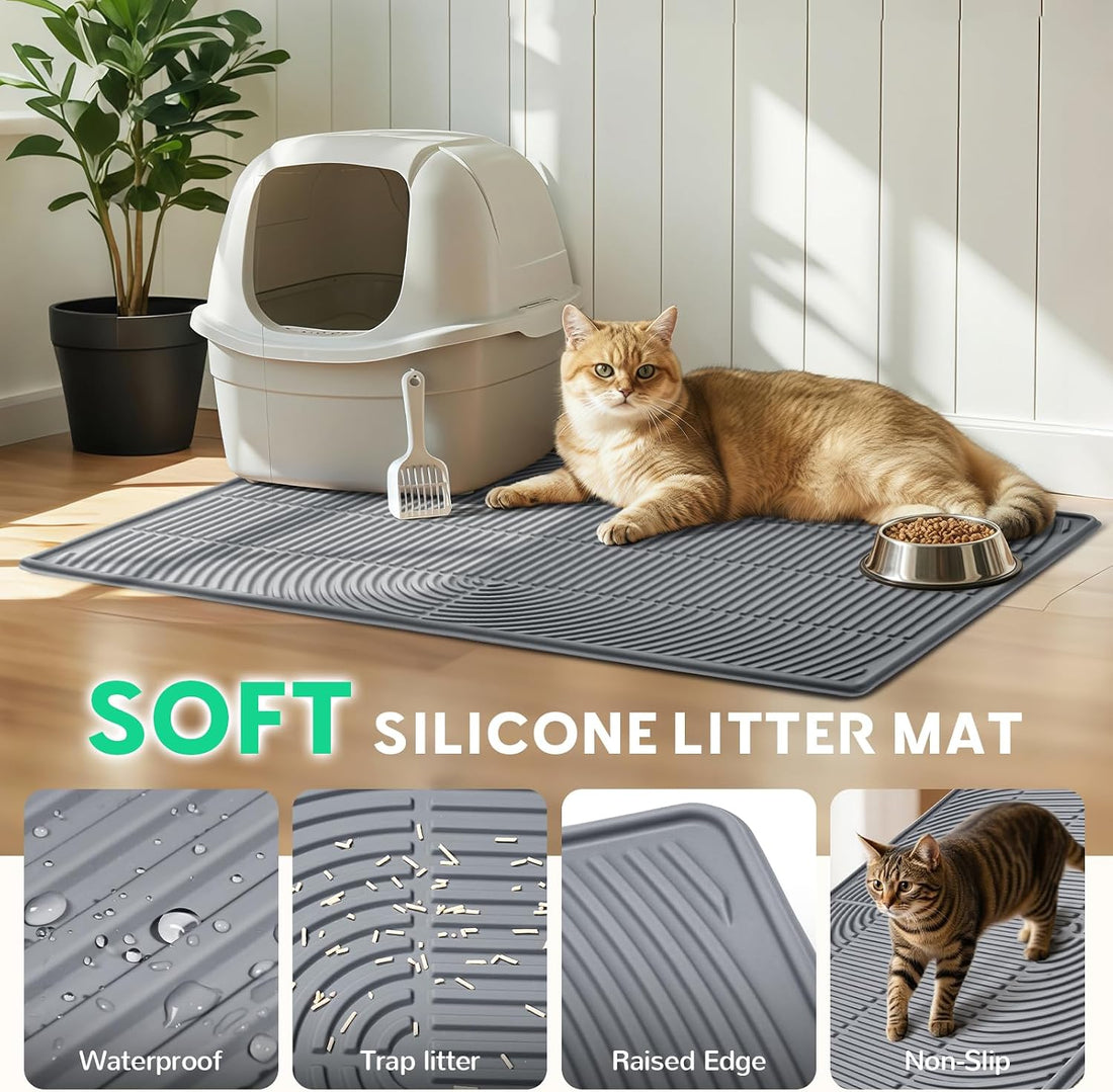 Pawtasy Cat Litter Box Mat,47" x 35" Extra Large Silicone Waterproof