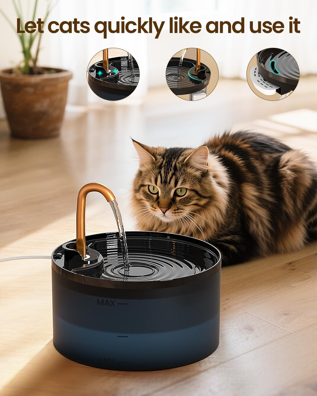 MISFANS Cat Water Fountain with 3-Pack Replaceable Filters,Copper