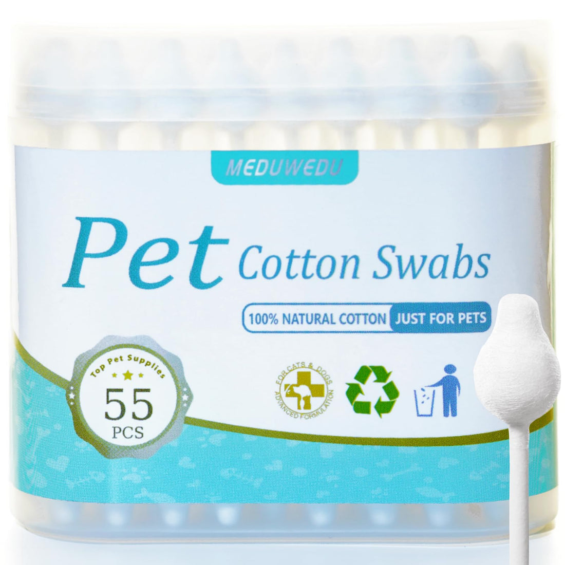 MEDUWEDU Pet Cotton Swabs, 55 Count｜Gourd-Shaped Tips｜Soft Cotton