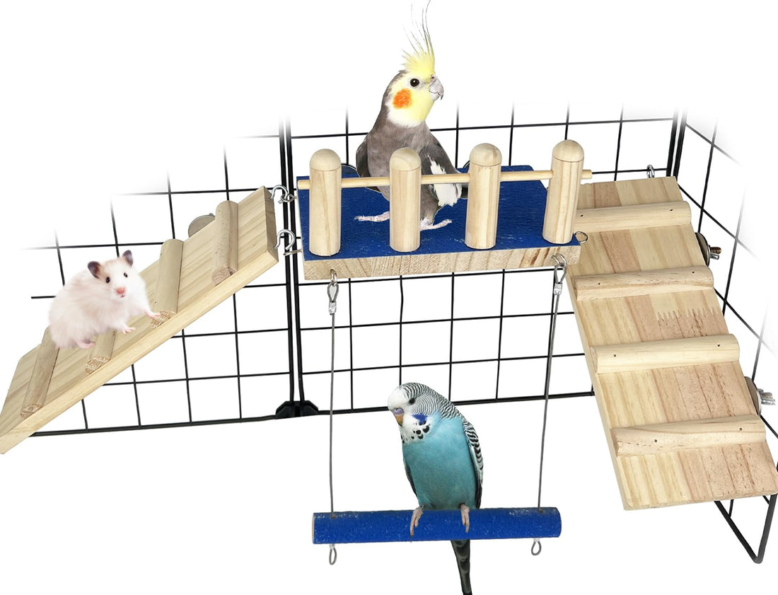 FlidRunest Bird Toy, Parrot Perch Platform with Swing and Ladder