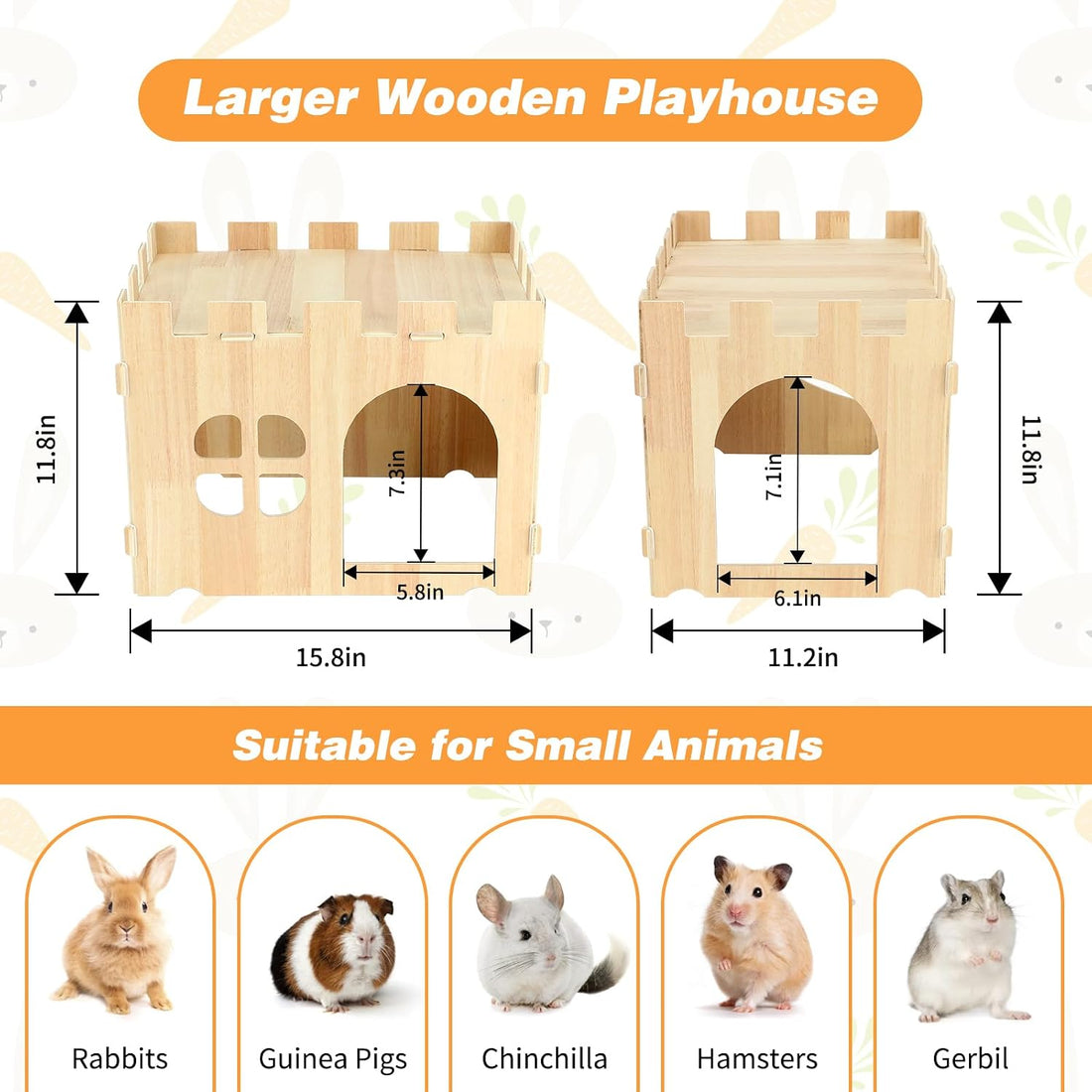 BWOGUE Large Wooden Bunny Hideout,Detachable Rabbit Castle for Small