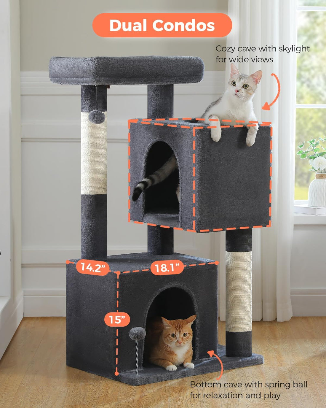 XL Cat Tree 44" Cat Tower for Large Cats 20 lbs, 2 Spacious Caves