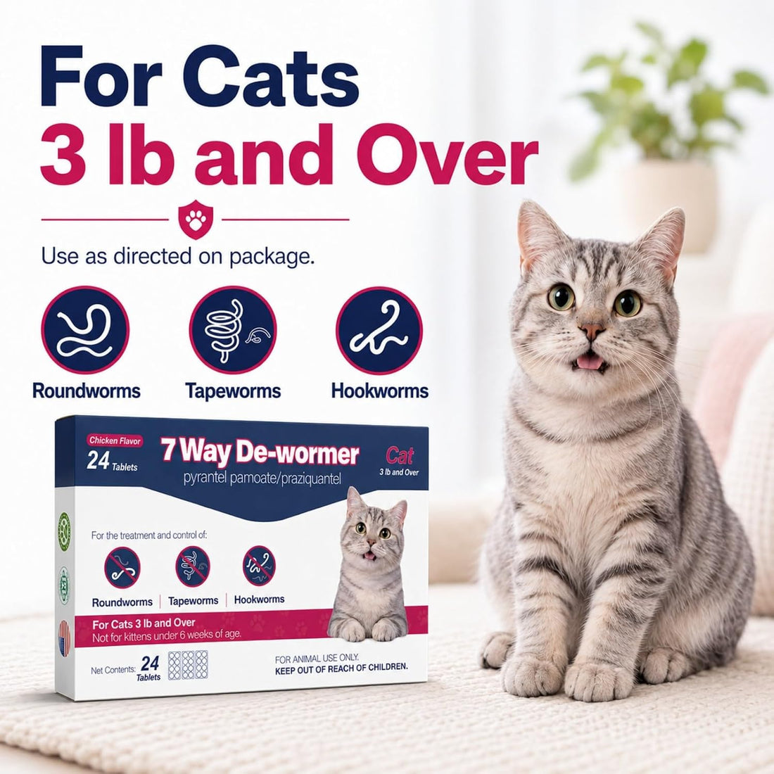 7 Way De-Wormer for Cats, Chicken Flavored Tablets for Roundworms
