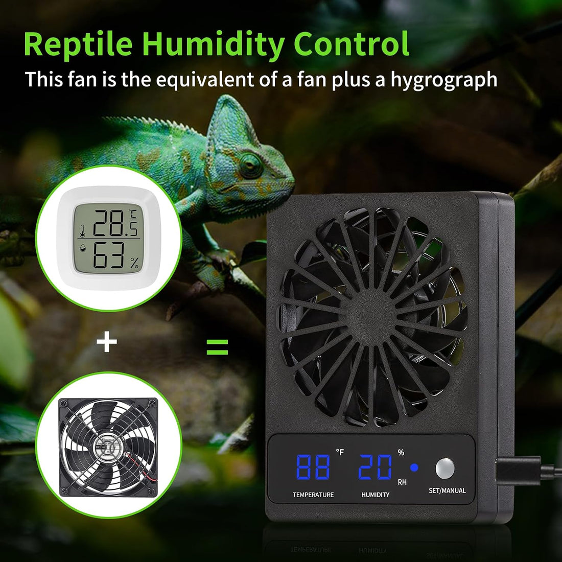 Reptile Tank Fan with Thermometer & Hygrometer | LED Display