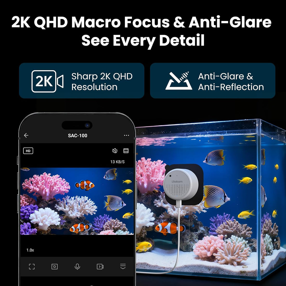 litokam F1.0 Aperture Fish Tank & Reptile Pet Camera.2K 3MP