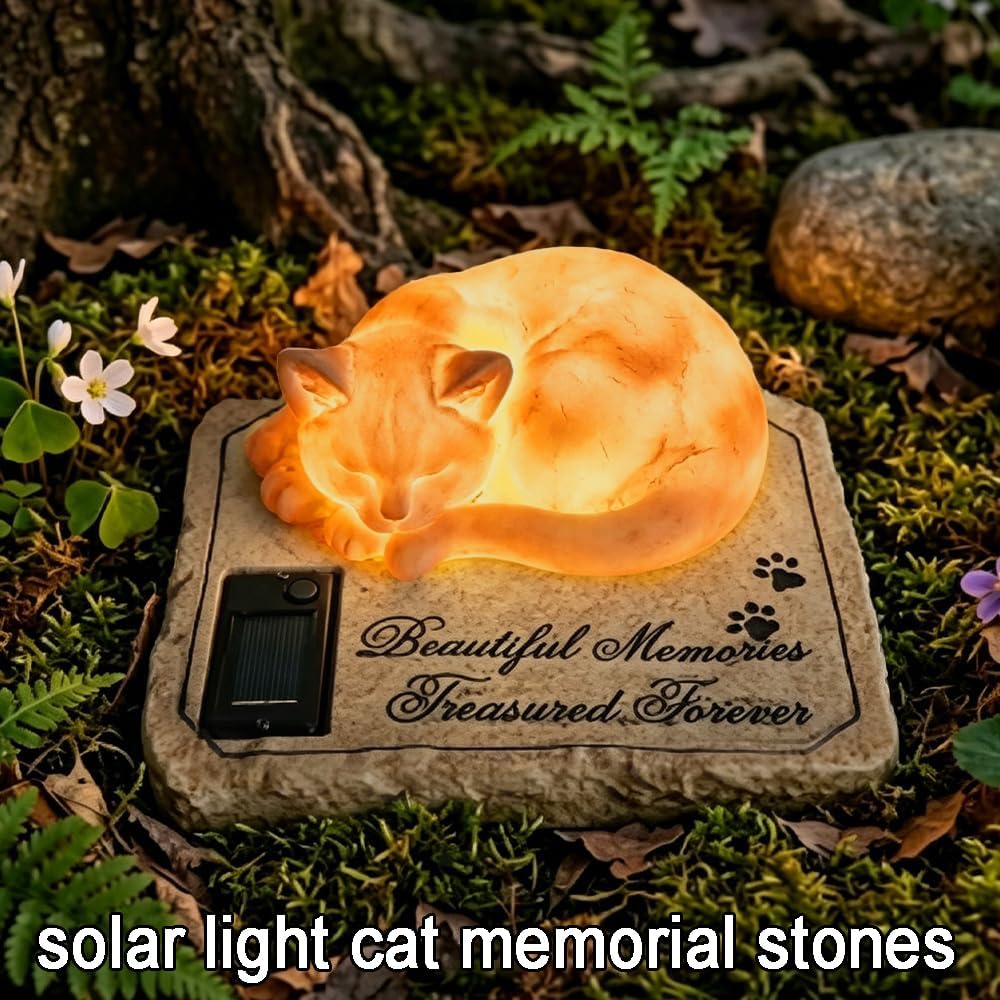 Solar Light Cat Memorial Garden Stones with A Sleeping Kitty Statue