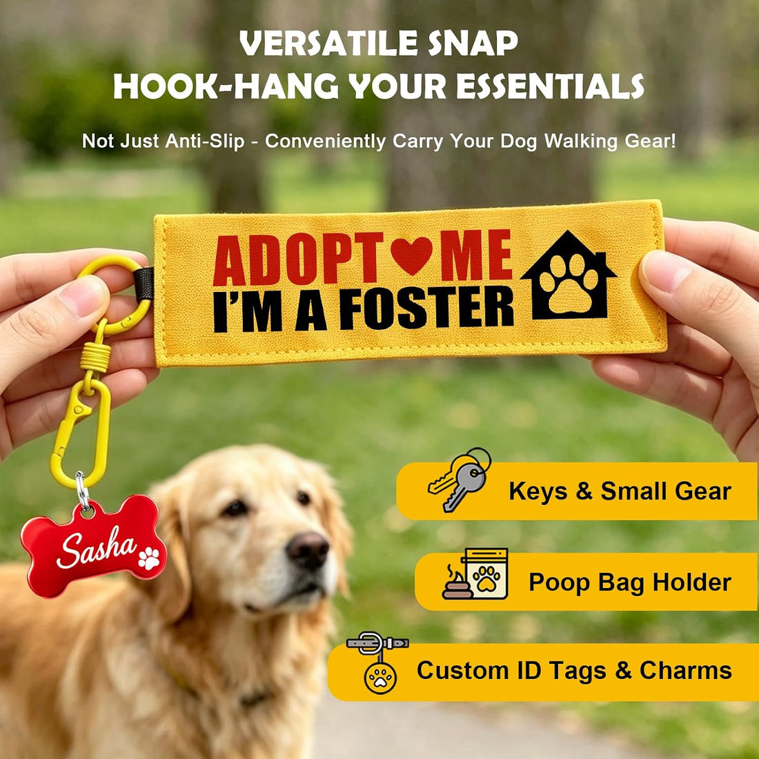 Yellow Adopt Me Dog Leash Sleeve Warning Wrap with Hook Carabiner