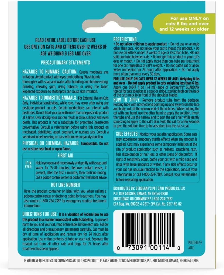 Sergeant's Guardian Flea & Tick Topical Cats 6 lbs+, 3-Month