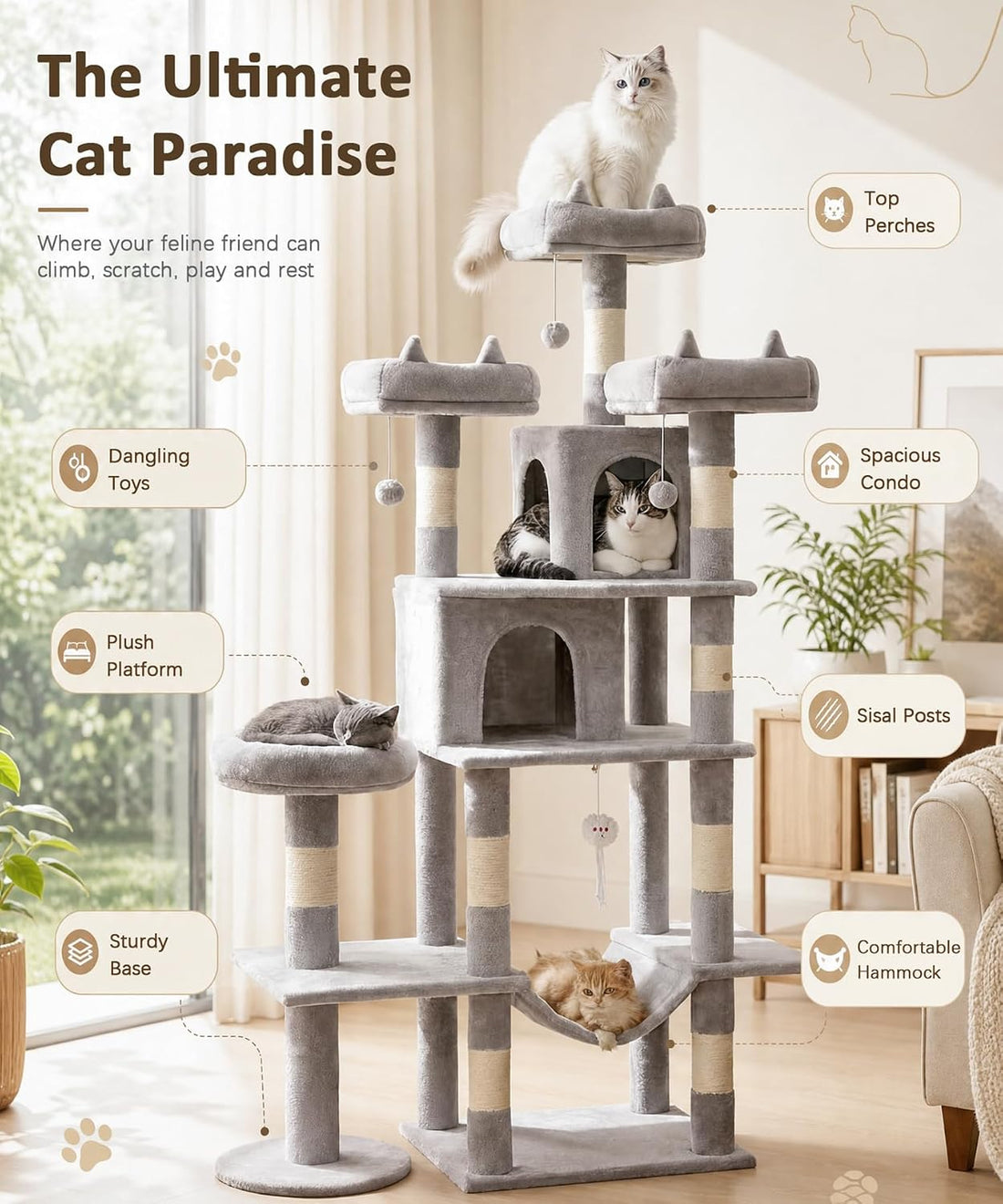 Cat Tower, 71 Inch Heavy Duty Cat Tree for Large Cats