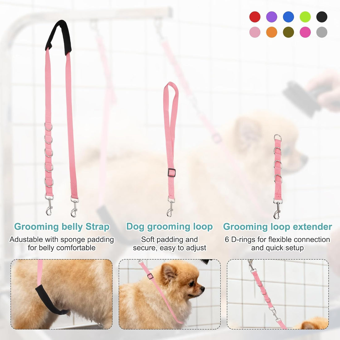 Dog Grooming Belly Strap, Pet Grooming Loops (Red, 3 Pcs)
