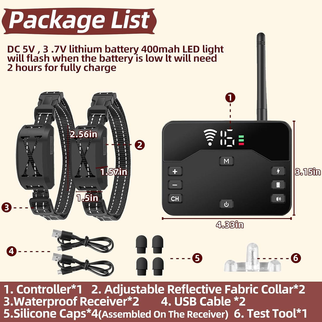 Wireless Dog Fence System for 2 Dogs, 2-in-1 Fence & Training Collar