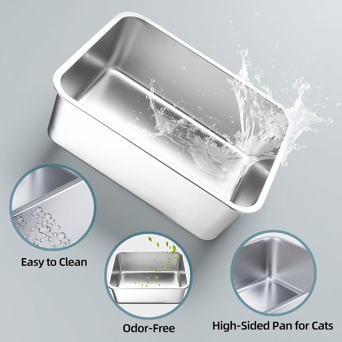 Stainless Steel Cat Litter Box - Large Metal High-Sided Pan for Cats