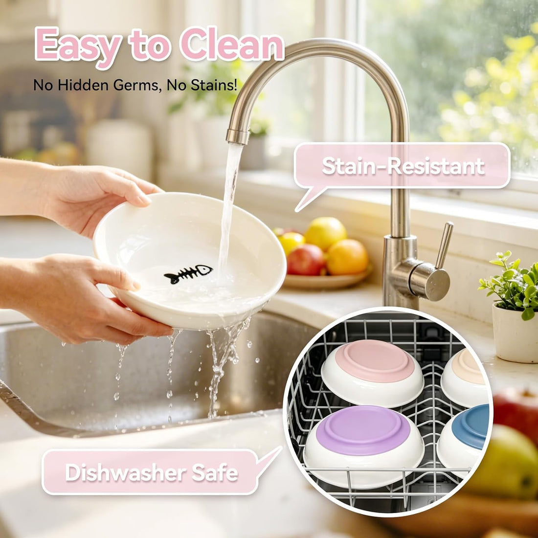 [4 Pack] Ceramic Cat Bowls, Cat Dishes with Non-Slip Silicone Bottom