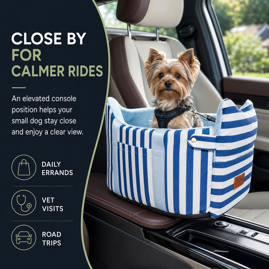 Console Dog Car Seat for Small Dogs to 15lbs (Black& White Stripes)