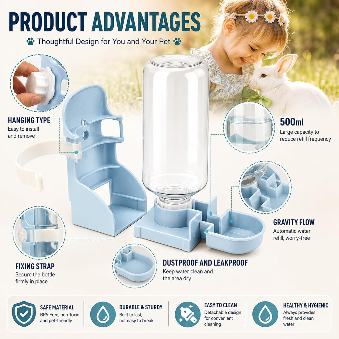 Rypet Rabbit Water Bottle No-Drip, Bunny Guinea Pig Water Dispenser