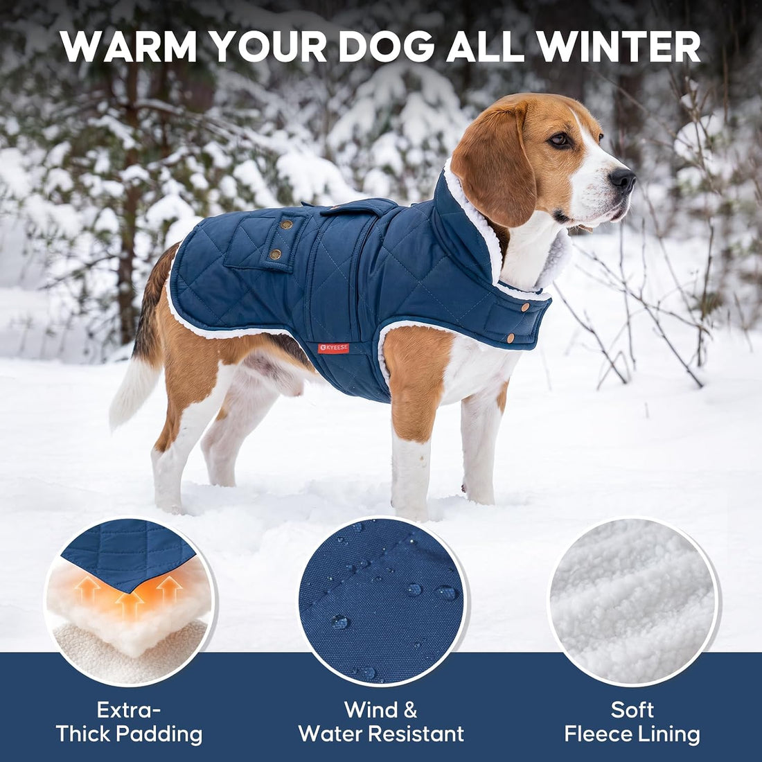 KYEESE Dog Coat Warm Pet Winter Coat with Leash Hole Waterproof Dogs