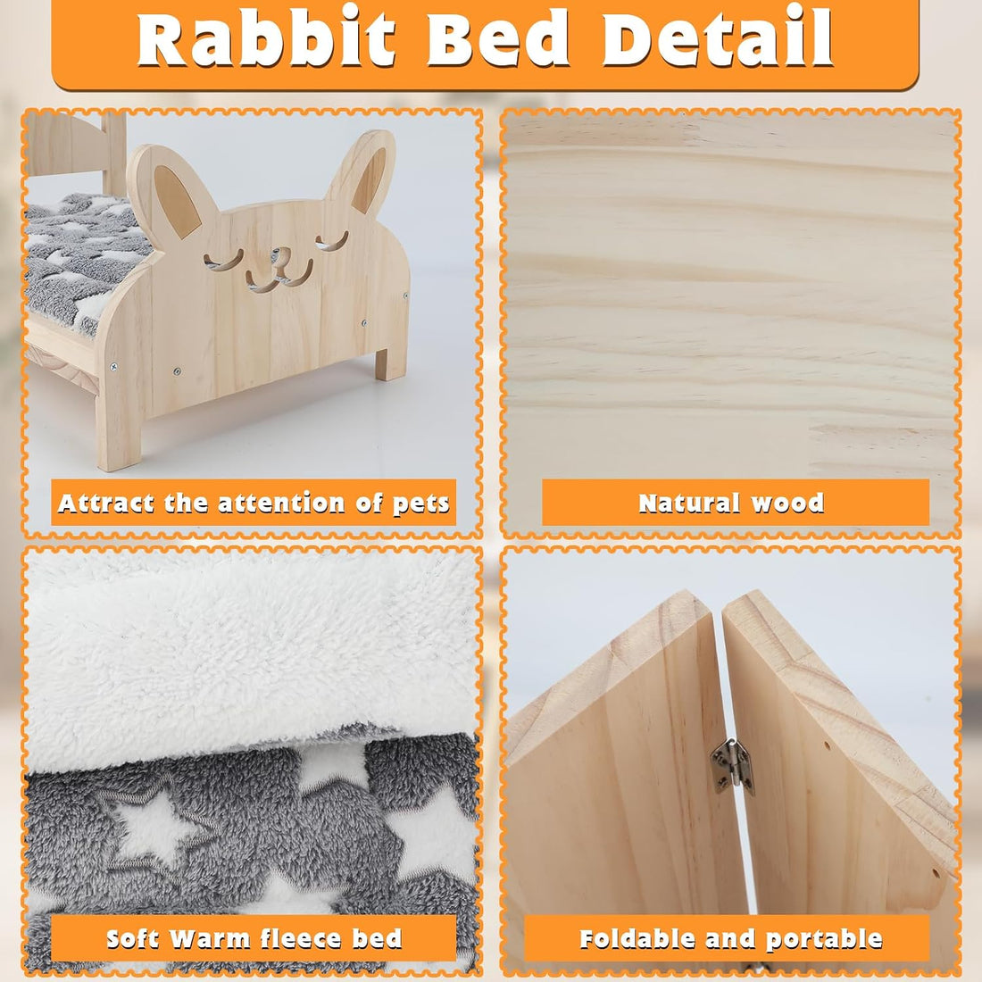 BWOGUE Large Wooden Rabbit Bed, Bunny Bed with Removable Cushion