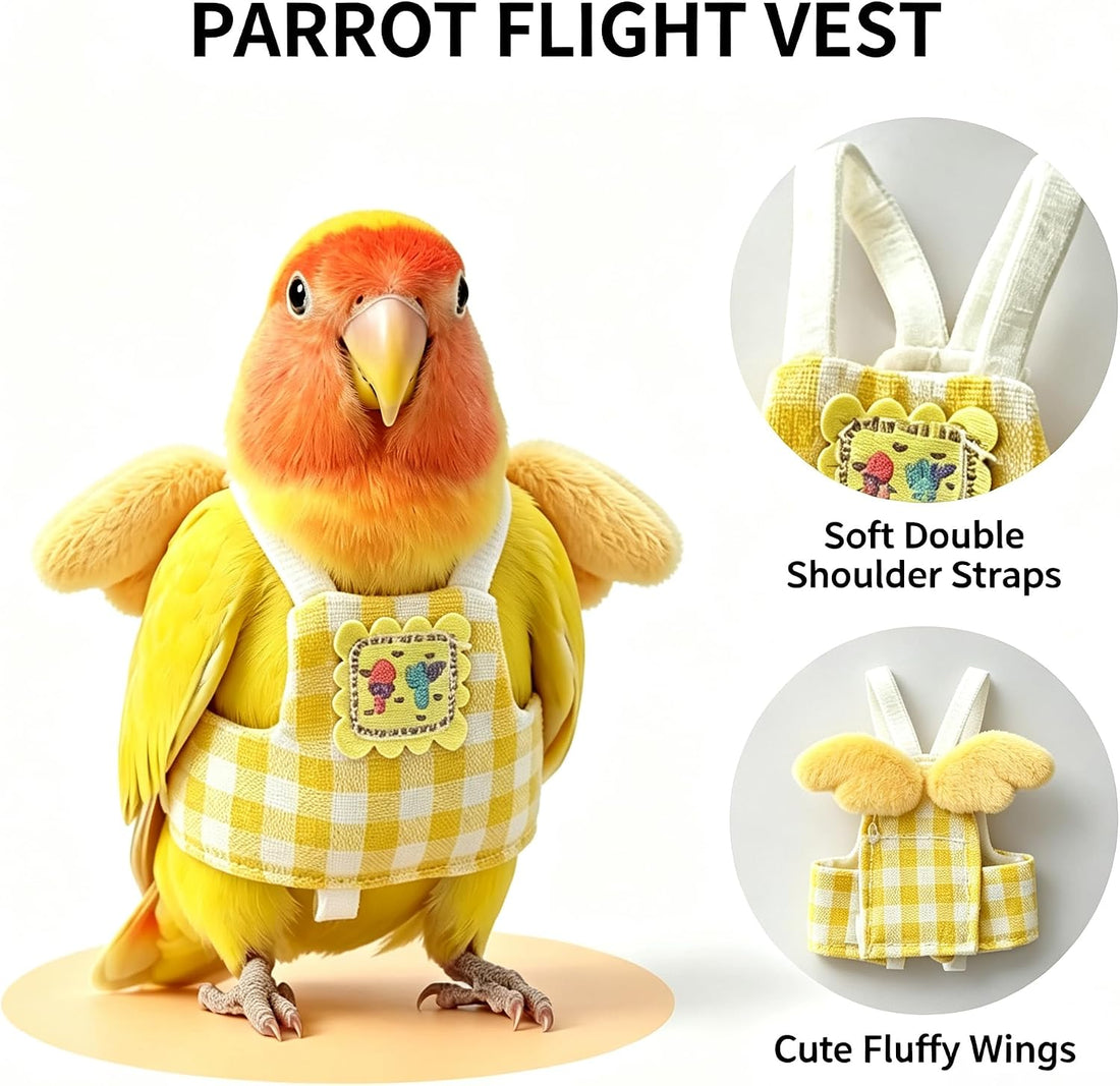 Dual-Use Bird Harness & Bungee Leash Set w/Wings, 3 Rings, Yellow