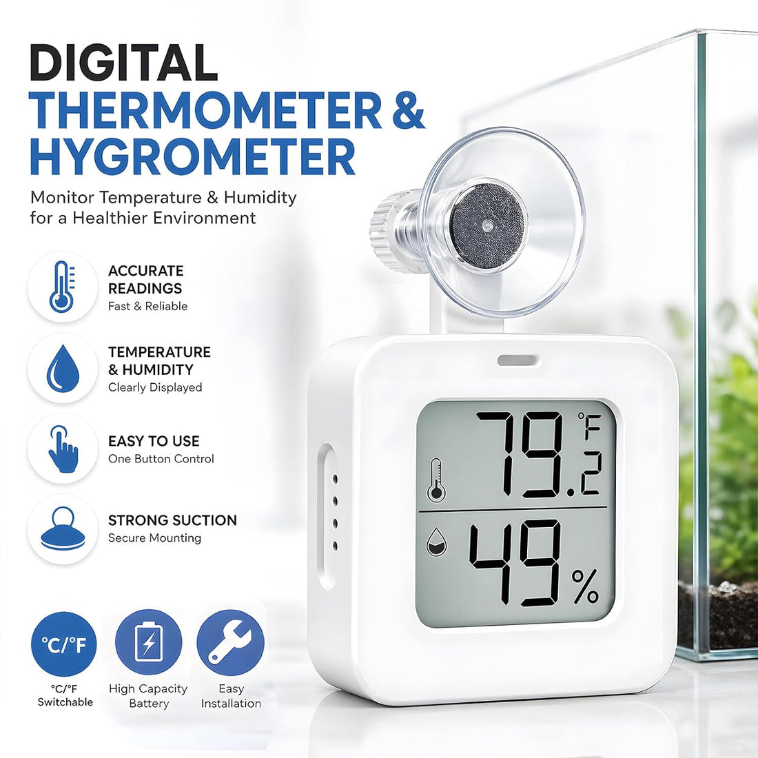 Suction Cup Reptile Thermometer Hygrometer,Large Screen °F/°C