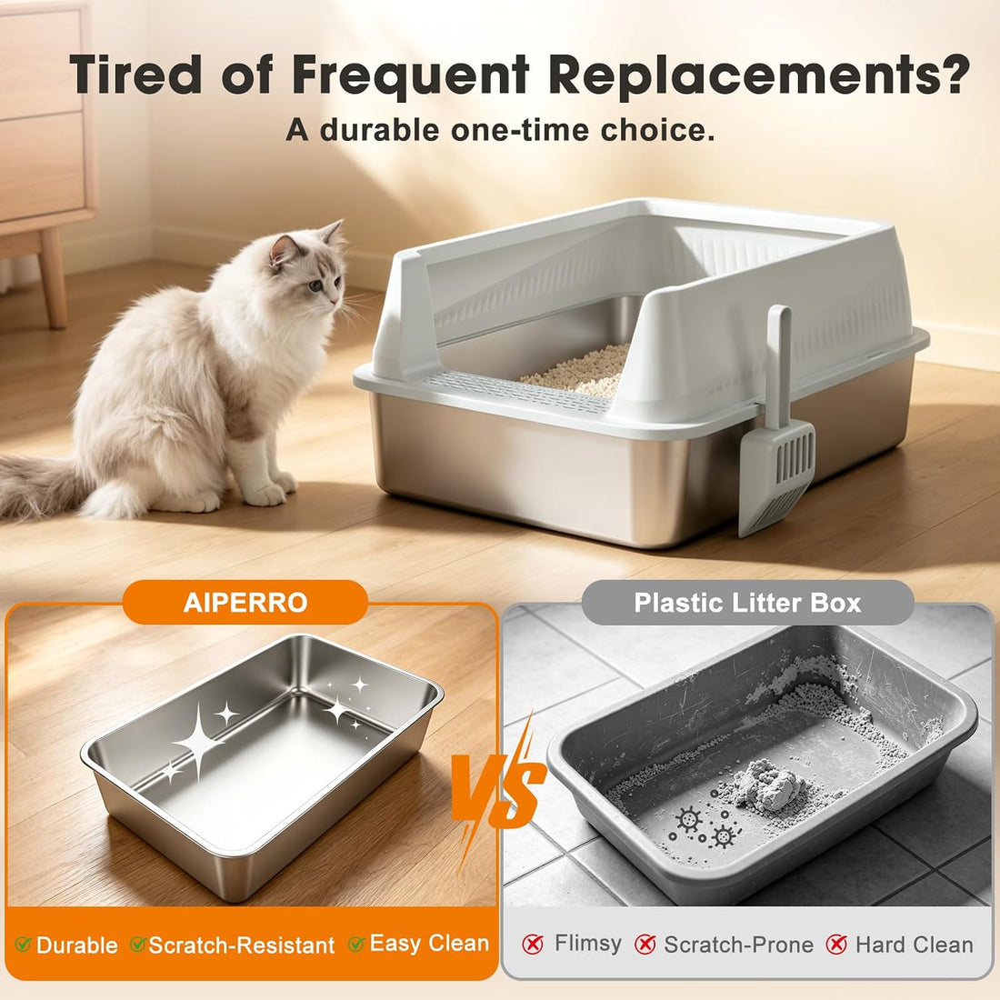 AIPERRO Stainless Steel Litter Box 2 Pack Metal Cat Litter Boxes
