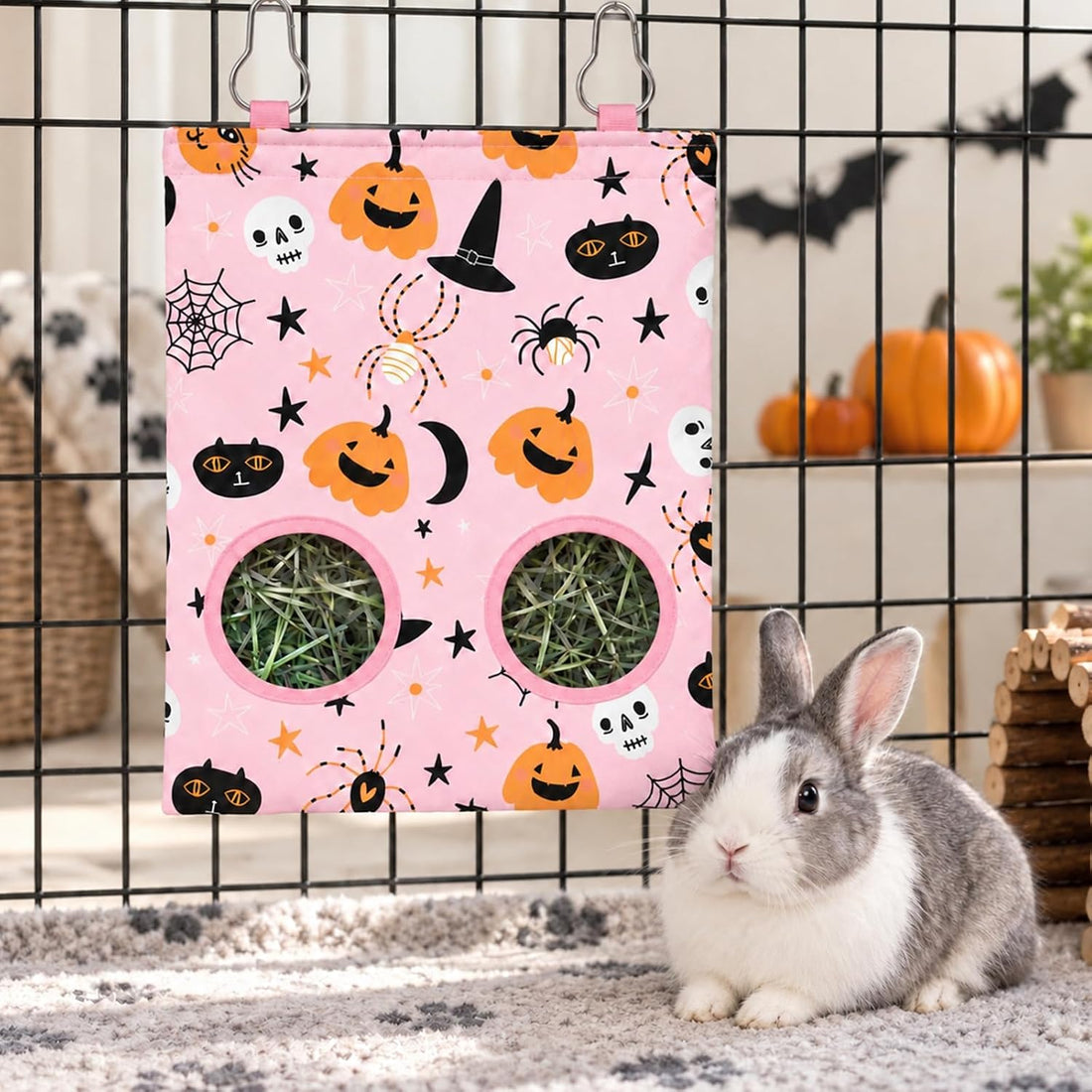 JarThenaAMCS 2Pcs Rabbit Hay Feeder Bag with 2 Holes, Pink Halloween