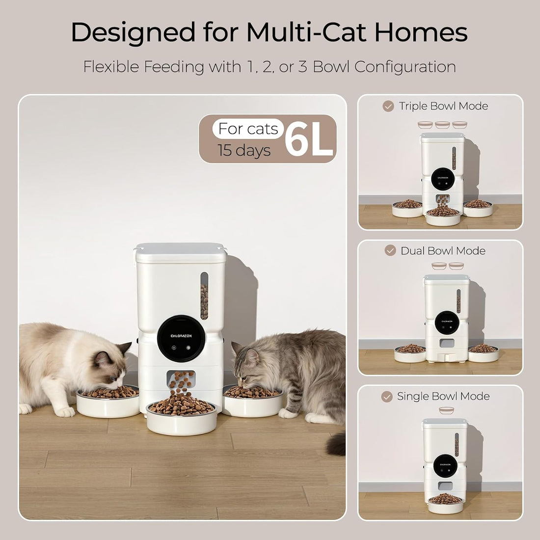 Automatic Cat Feeder for 3 Cats, 6L 2.4G WiFi Feeder, Slow Feed