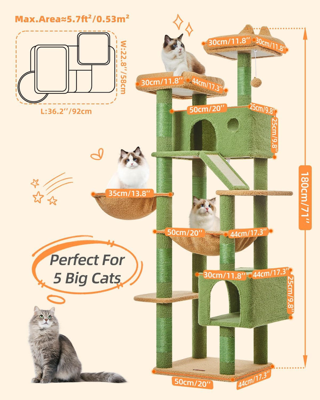 Taoqimiao Cactus Cat Tree, 71-Inch Cat Tower for Indoor Cats Large
