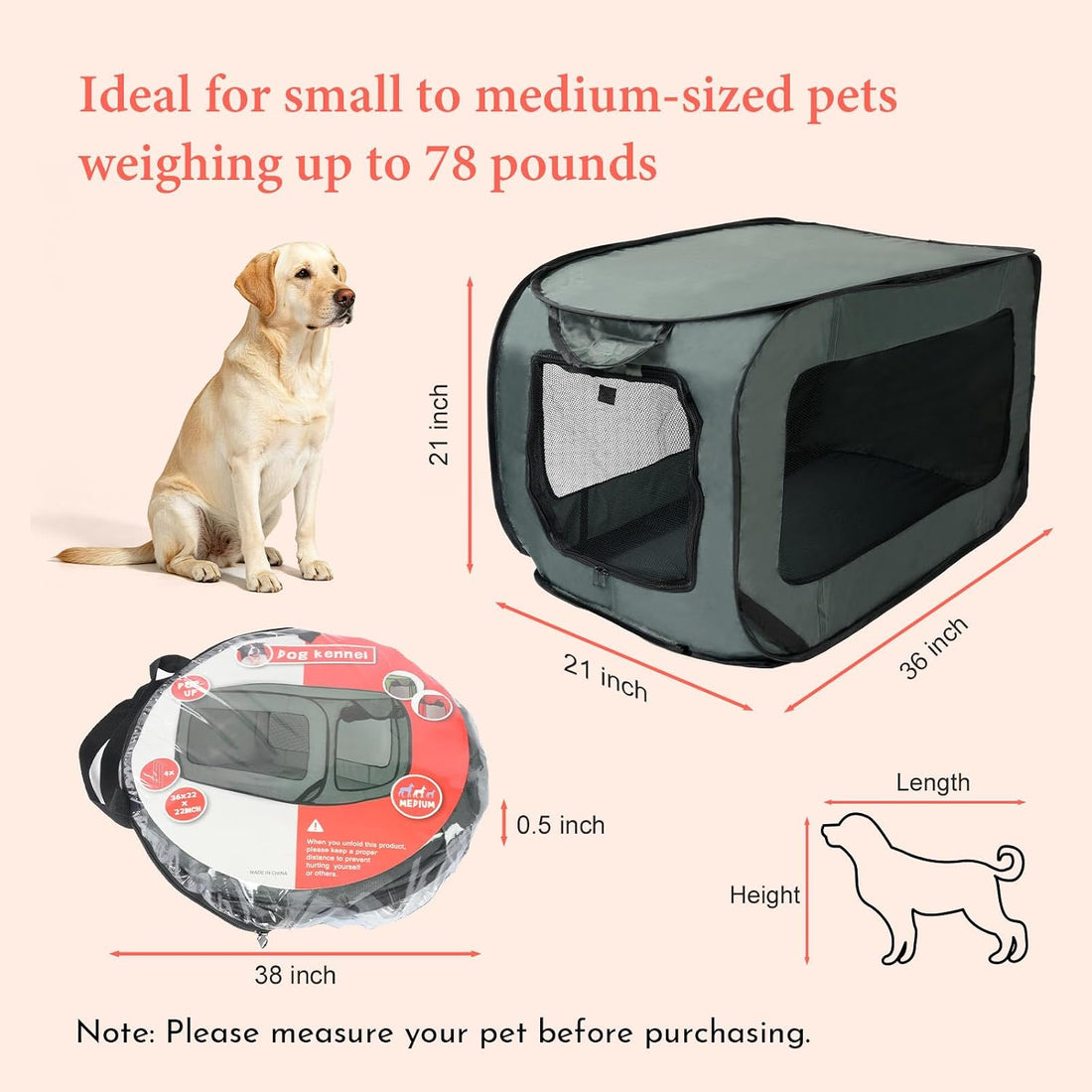 36 Inch Collapsible Dog Crate, Portable Kennel for Medium Dogs