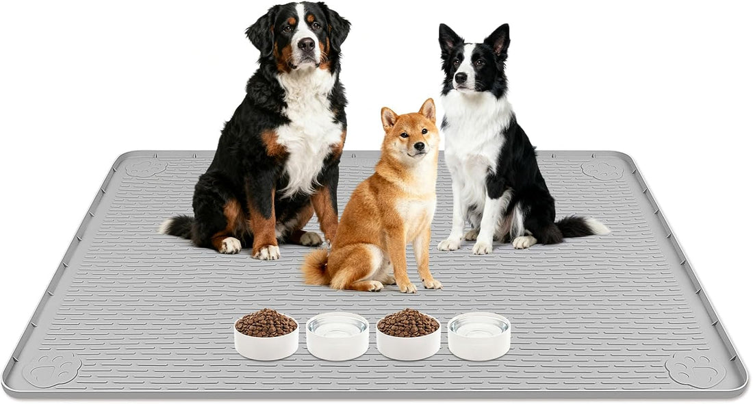 Dog Food Mat 50" x 35" Large Silicone Mat with Raised Edge Gray