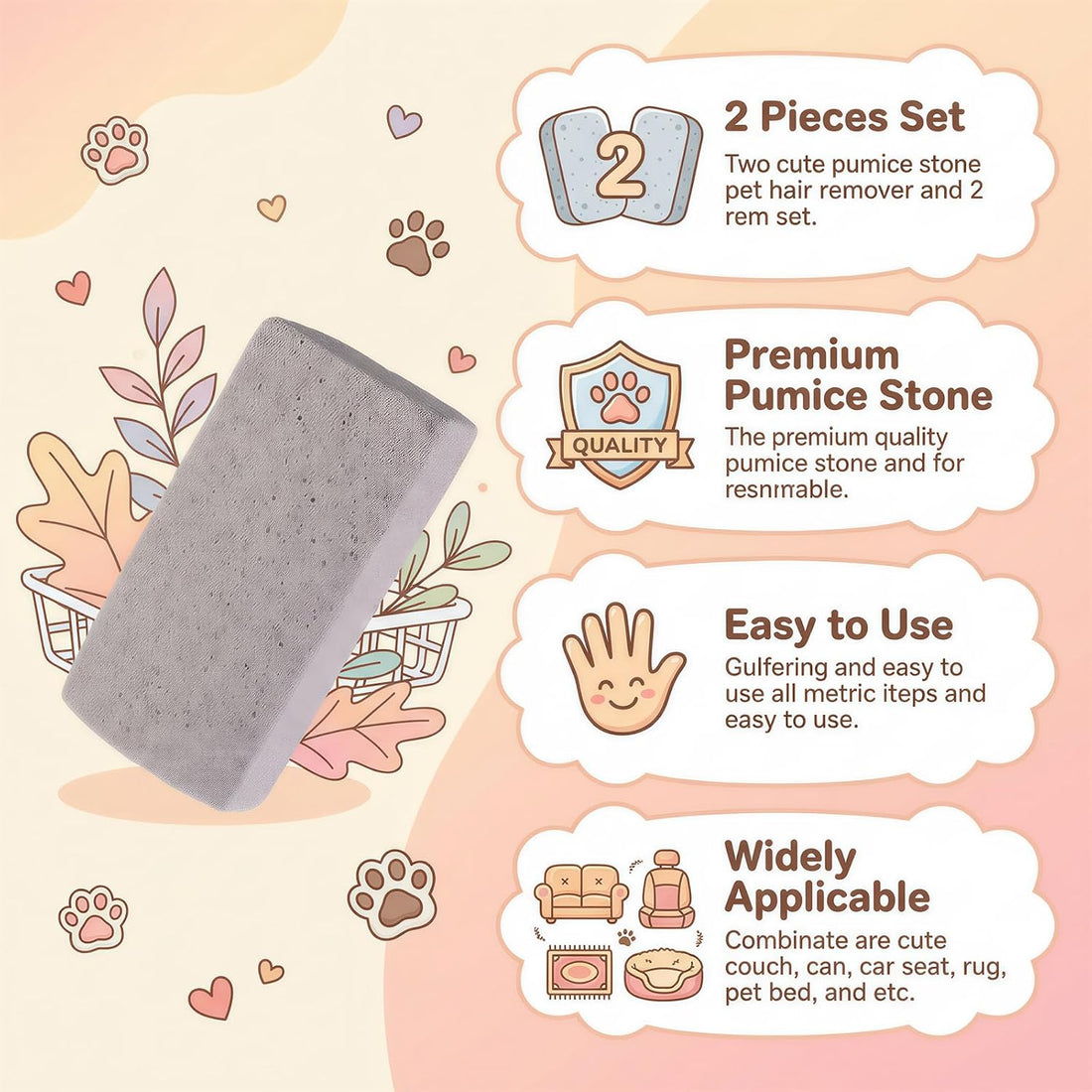 2 Pcs Pet Hair Remover Pumice Stone 3.74x2x1.6 in Dog Cat Fur