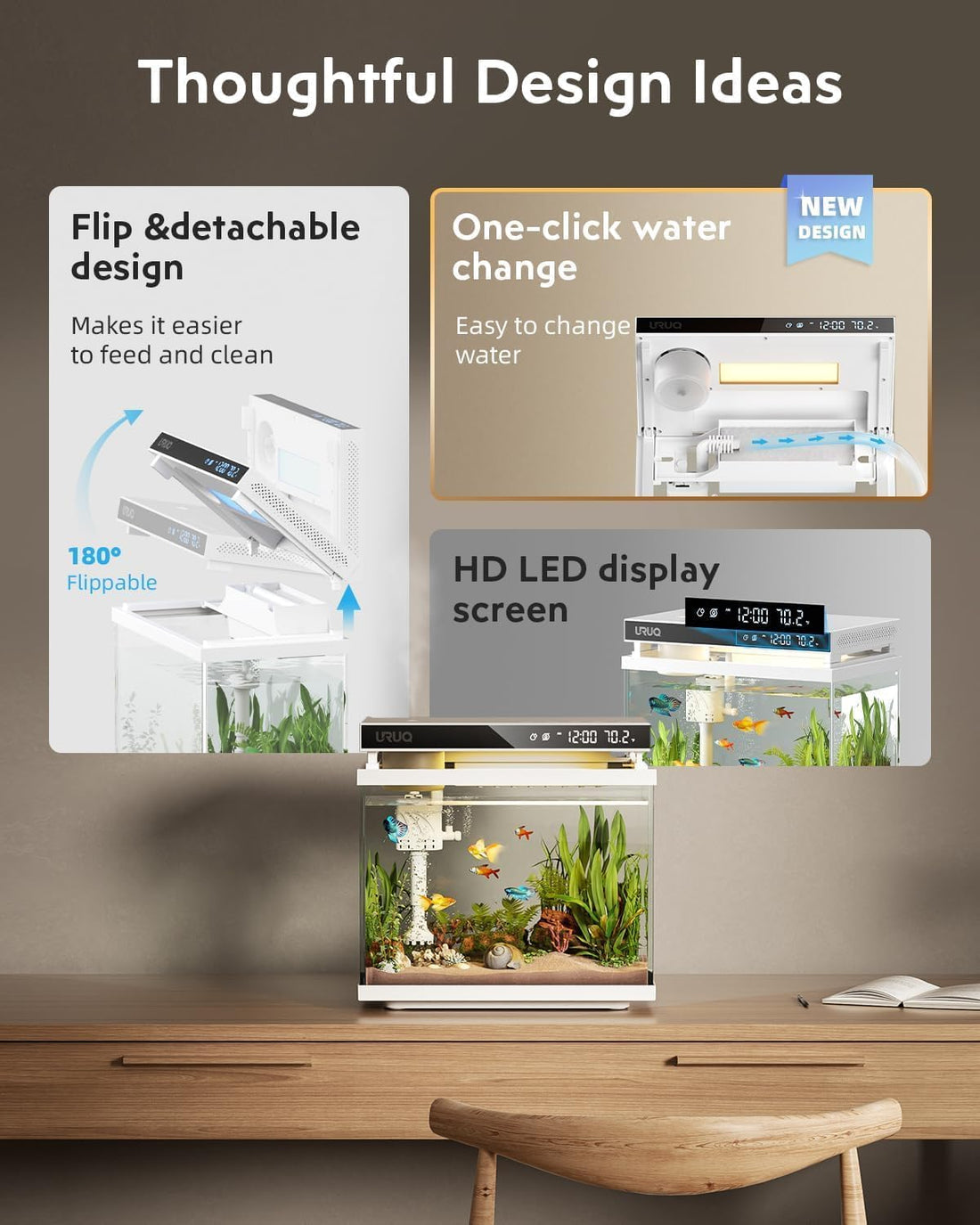 URUQ Fish Tank Smart Aquarium Kit 2 Gal UHD Glass Aroma Diffuser