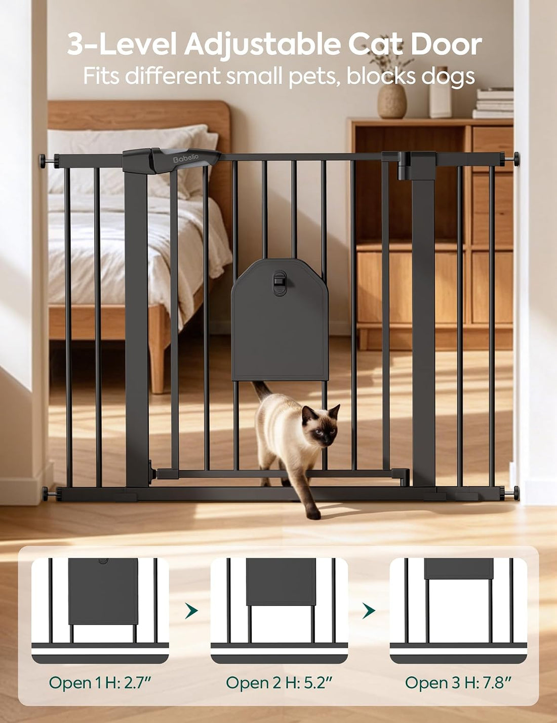 Babelio Auto Close Dog Gate with Cat Door, CatPrivilege I, 29-43"